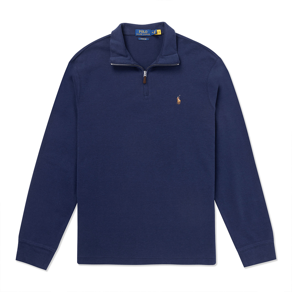 Polo Ralph Lauren RL 熱銷刺繡小馬立領半開襟針織毛衣-深藍色