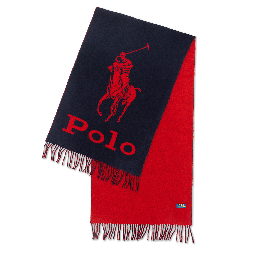 Polo Ralph Lauren RL 熱銷羊毛刺繡大馬雙面針織圍巾(義大利製)-黑紅色