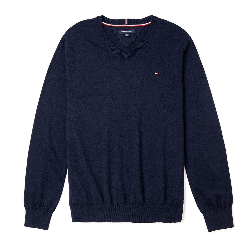 TOMMY 經典V領Logo毛衣-深藍色