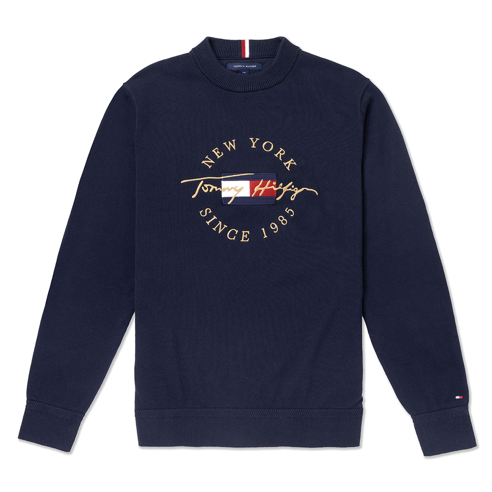 TOMMY 熱銷圓領刺繡大Logo文字針織毛衣-深藍色