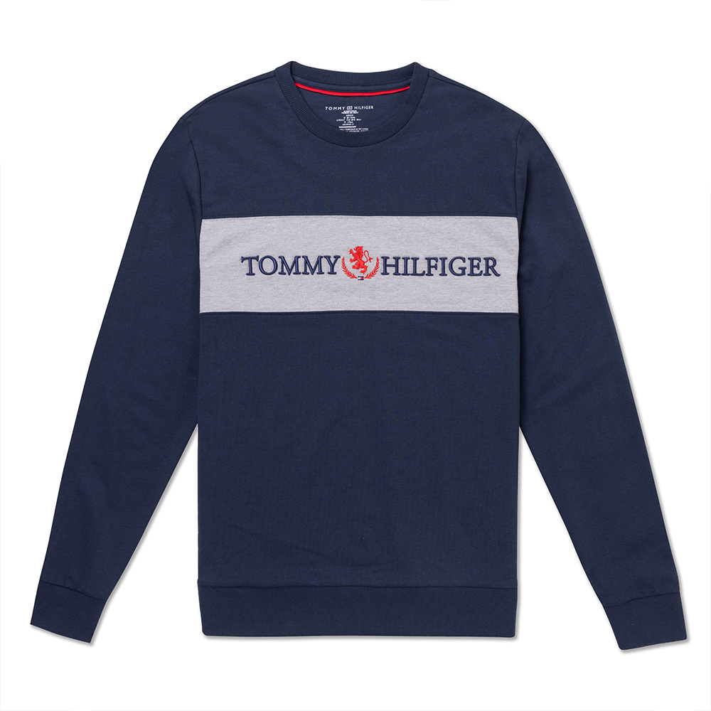 TOMMY 熱銷刺繡文字Logo大學T恤-深藍色