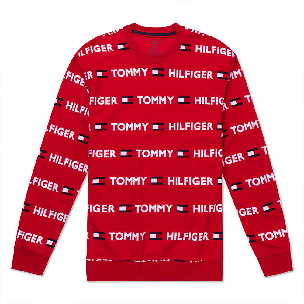 TOMMY 熱銷印刷滿版LOGO圖案大學T恤-紅色