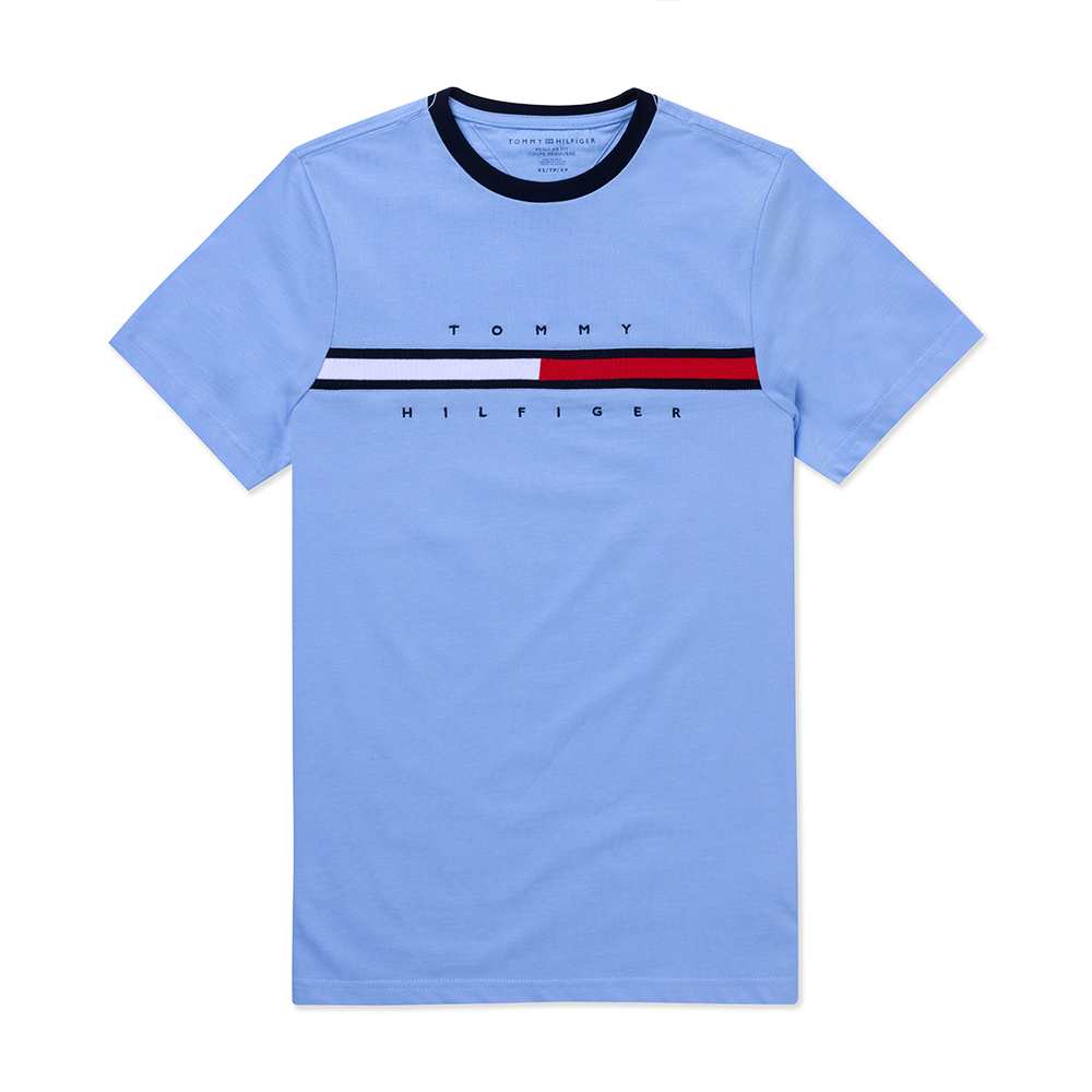 TOMMY 熱銷刺繡文字Logo圖案短袖T恤-水藍色