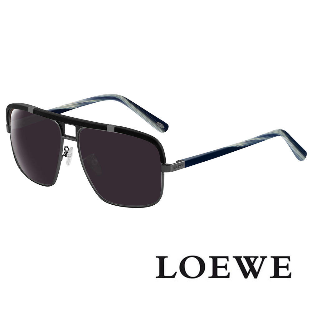 LOEWE 羅威西班牙皇室品牌皮革細節方框太陽眼鏡(黑/深藍大理石紋 SLW404V-0K59)