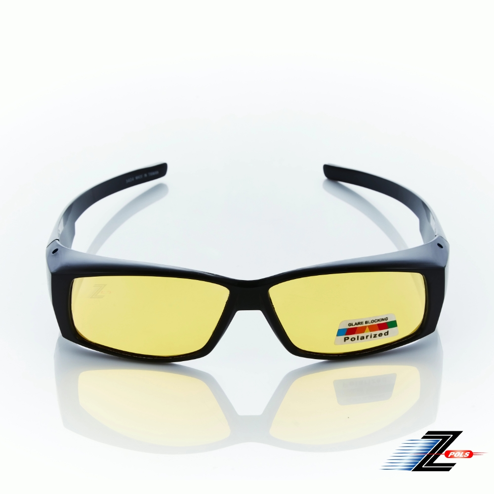 【Z-POLS】帥氣設計小板款 舒適包覆式Polarized寶麗來夜用抗UV400增光黃偏光眼鏡(夜用黃偏光包覆式)