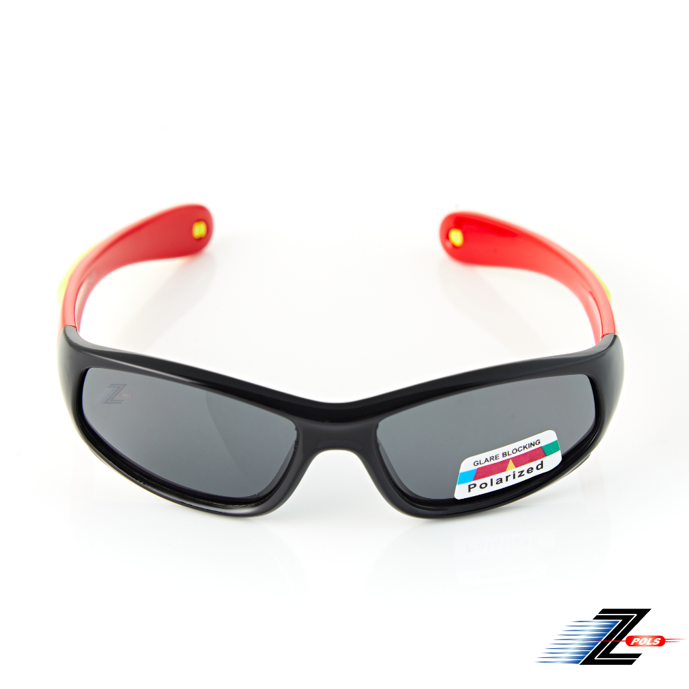 【Z-POLS】兒童矽膠軟質彈性壓不壞 Polarized偏光抗UV400太陽眼鏡ZP81黑紅黃配色(鏡腳可變身眼鏡繩)