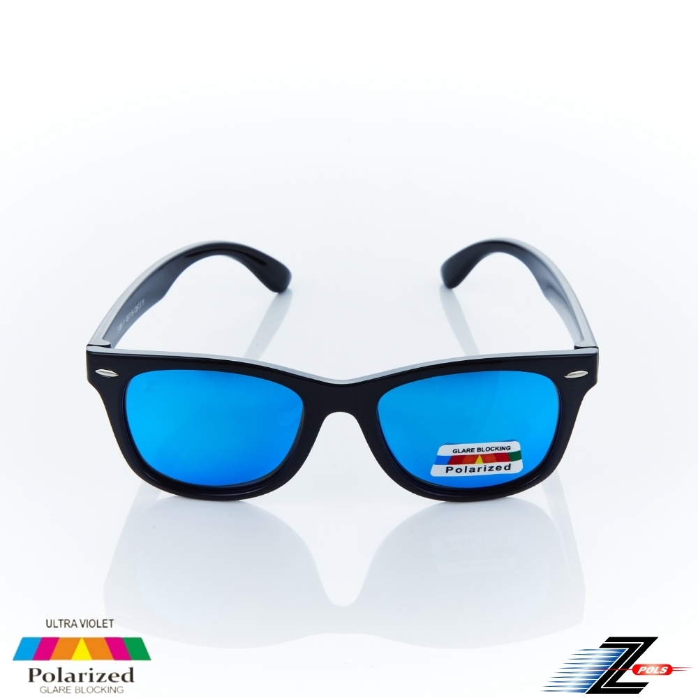 Z-POLS 兒童專用帥氣黑版型設計彈性材質 Polarized寶麗來電鍍藍REVO偏光太陽眼鏡(抗紫外線UV400)