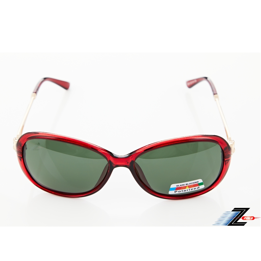 【Z-POLS】名牌風格氣質紅搭時尚圖騰邊框 墨綠Polarized寶麗來偏光抗UV400太陽眼鏡(時尚有型好穿搭)