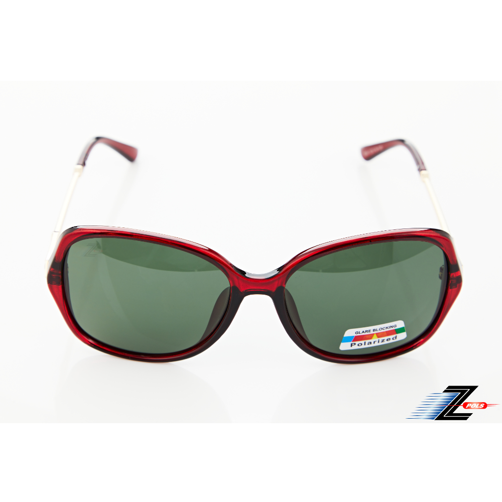 【Z-POLS】名牌風格氣質紅搭時尚圖騰水鑽邊框 墨綠Polarized寶麗來偏光抗UV400太陽眼鏡(時尚好穿搭)