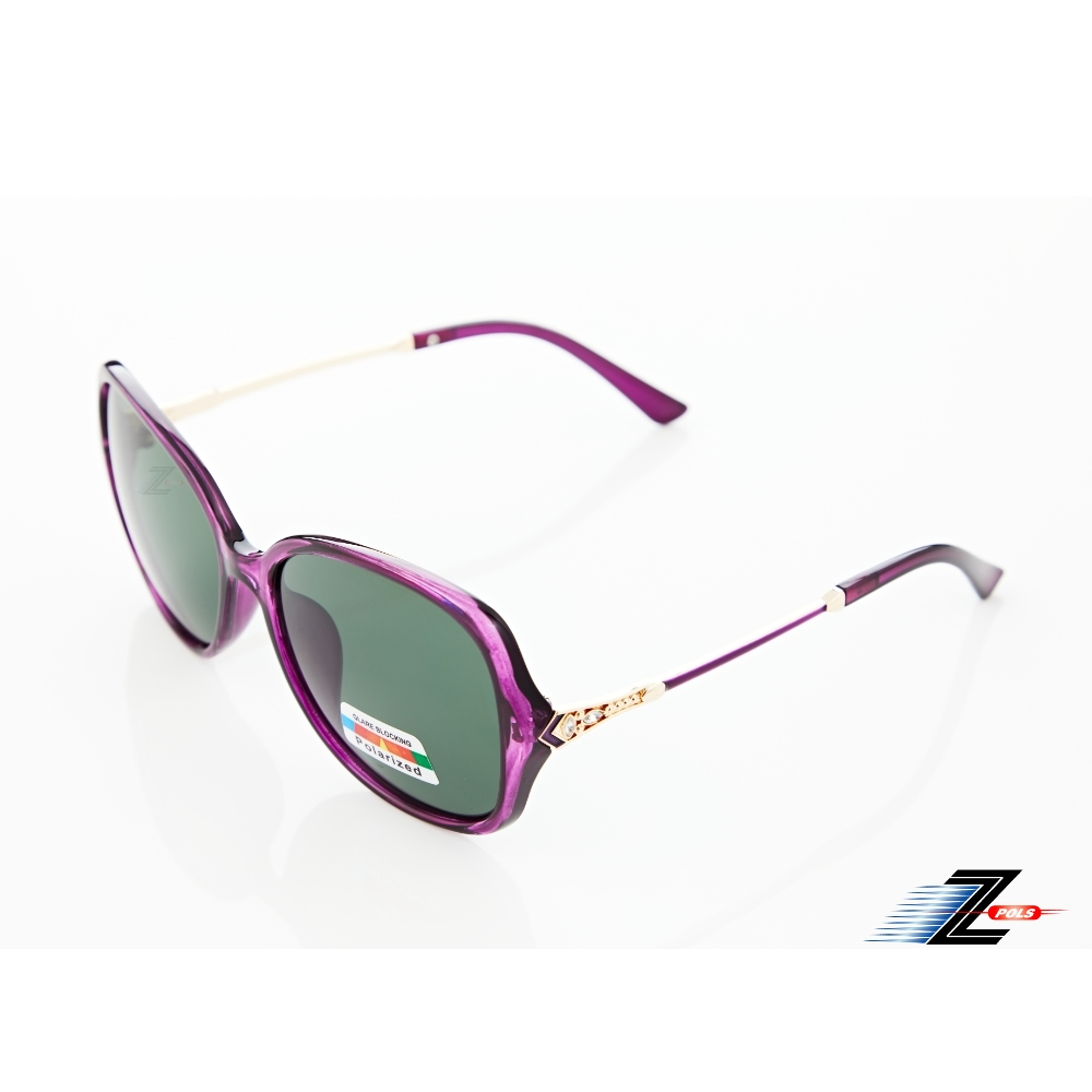 【Z-POLS】名牌風格氣質紫搭時尚圖騰水鑽邊框 墨綠Polarized寶麗來偏光抗UV400太陽眼鏡(時尚好穿搭)