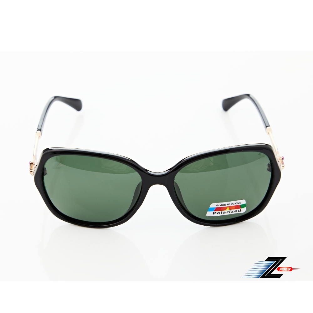 【Z-POLS】大框顯小臉質感黑圖騰水鑽邊框設計 墨綠Polarized寶麗來偏光抗UV400太陽眼鏡(時尚好穿搭)