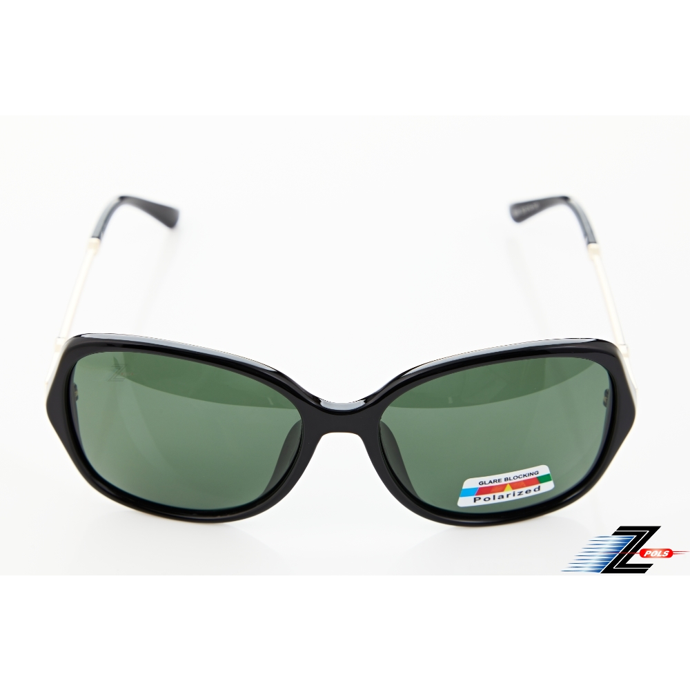 【Z-POLS】名牌黑大框顯小臉 圖騰水鑽邊質感設計 墨綠Polarized偏光抗UV400太陽眼鏡(有型好穿搭)