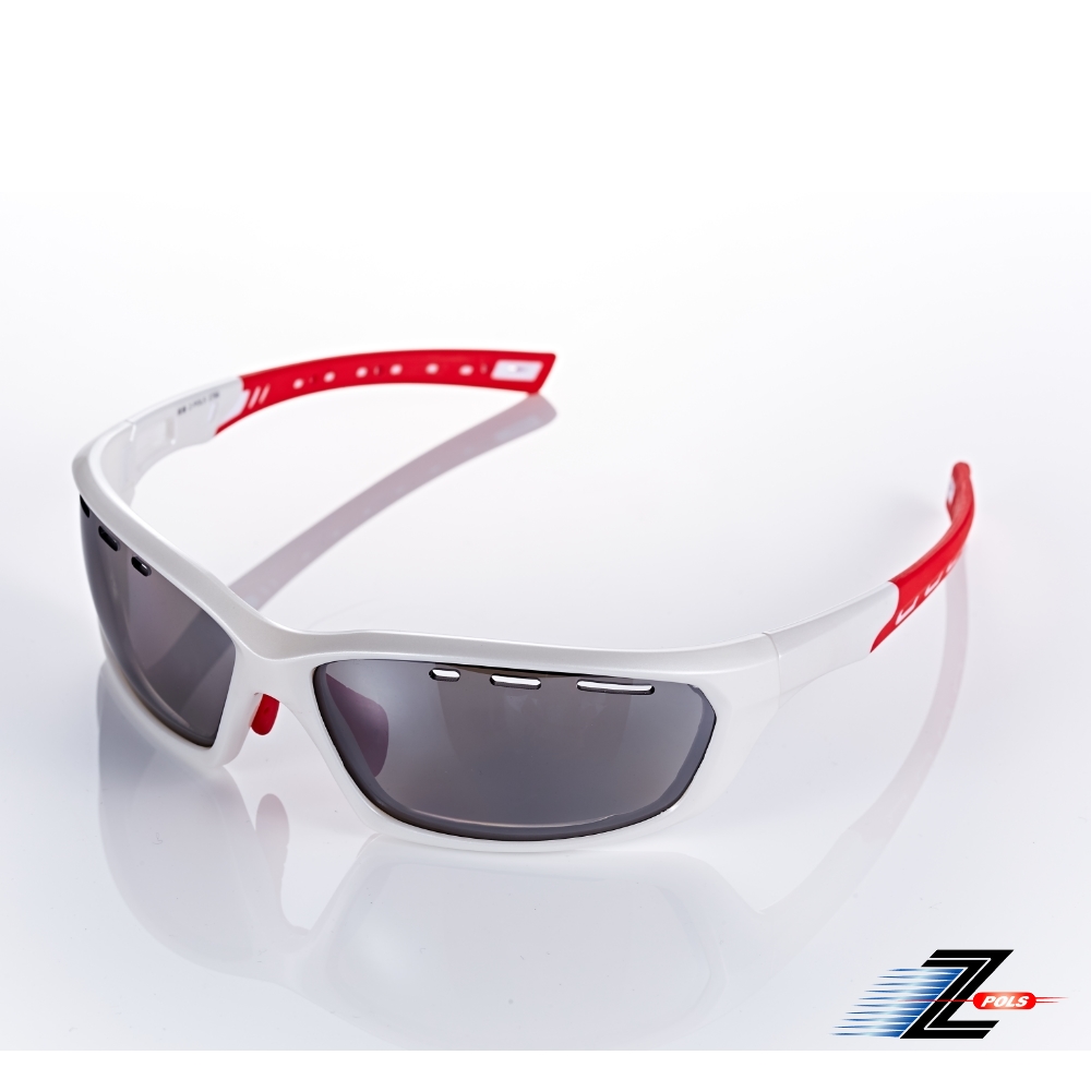 【Z-POLS】TR太空纖維彈性輕量材質 質感珍珠白弧形包覆設計頂級抗UV400電鍍黑運動眼鏡(防悶設計鏡片)