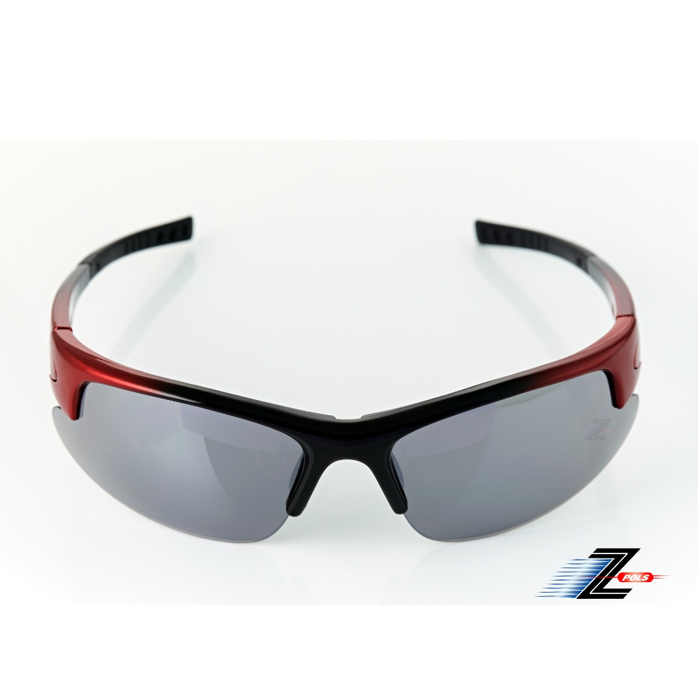 【Z-POLS】帥氣運動型質感黑紅漸層框搭配電鍍水銀黑鏡面帥氣運動太陽眼鏡(抗紫外線UV400可配度數設計)