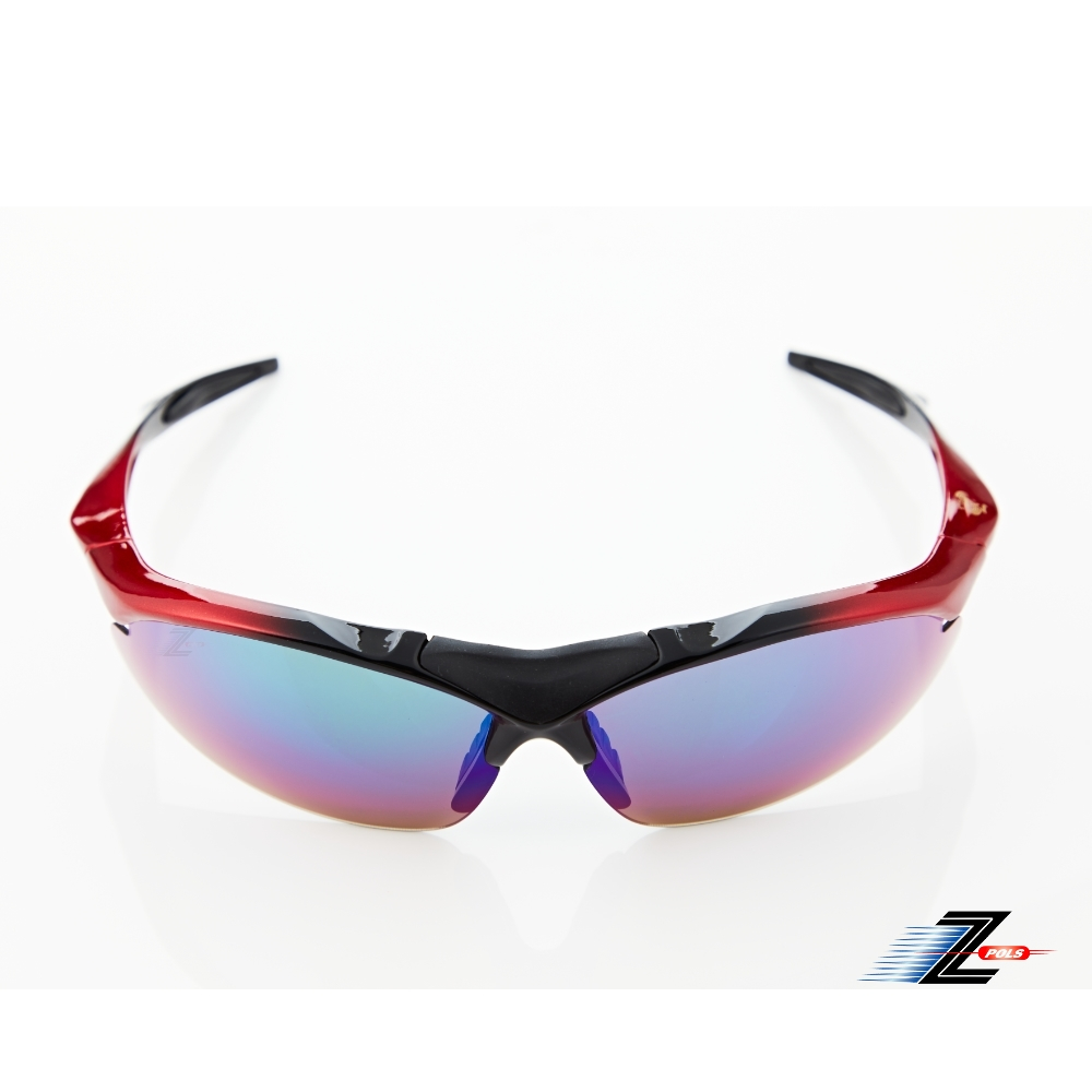 【Z-POLS】TR90輕量材質黑紅漸層色 搭載PC防爆電鍍綠運動太陽眼鏡(抗UV400抗烈陽多功能輕量運動眼鏡)