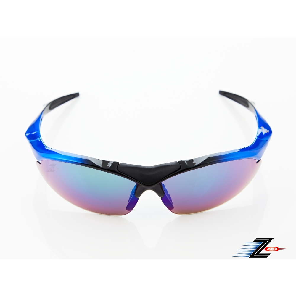 【Z-POLS】TR90輕量材質黑藍漸層色 搭載PC防爆電鍍綠運動太陽眼鏡(抗UV400抗烈陽多功能輕量運動眼鏡)