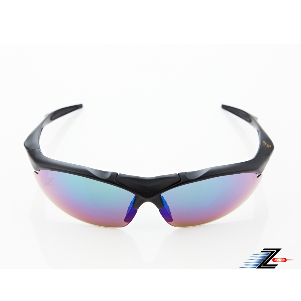 【Z-POLS】消光黑TR90輕量材質框 搭載PC防爆電鍍綠運動太陽眼鏡(抗UV400抗烈陽多功能輕量運動眼鏡)