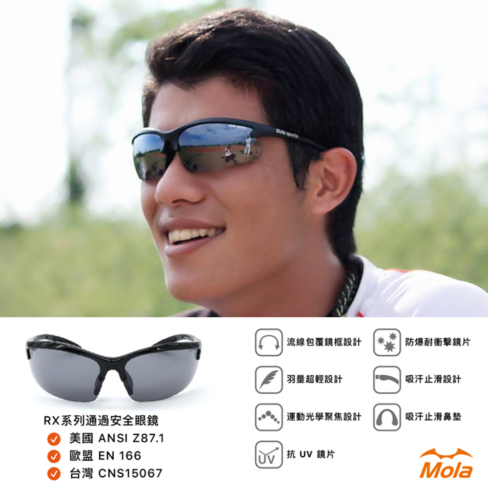 MOLA摩拉 生存遊戲 眼鏡 運動 安全 太陽眼鏡 護目鏡 近視 男女 黑框 灰片 UV400 Rx-g
