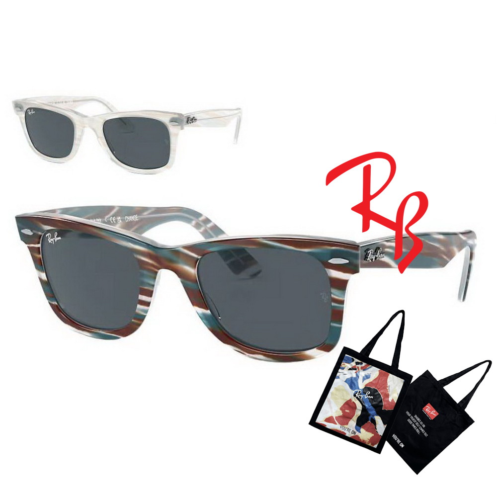 RAY BAN 雷朋 亞洲版 Wayfarer 鏡框變色太陽眼鏡 RB2140F 1407R5 52mm 白淺藍框條紋 公司貨