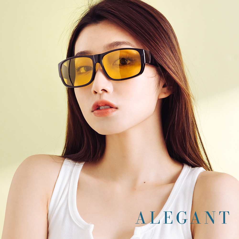 【ALEGANT】潮流明黃色亮黑方框防眩光全罩式寶麗來偏光墨鏡/外掛式UV400太陽眼鏡/包覆套鏡