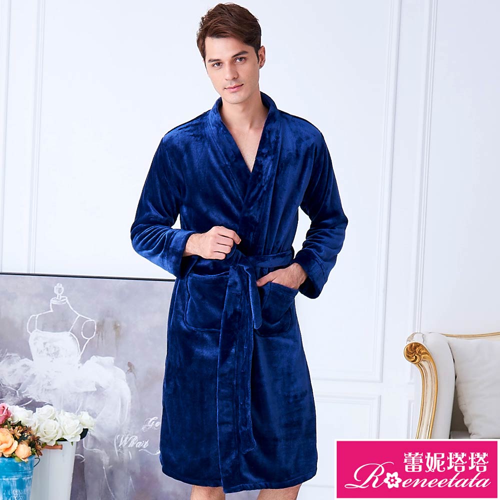 蕾妮塔塔 極暖柔軟水貂絨男性長袖浴袍(20242)深藍色