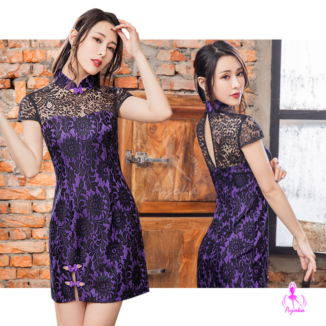 【Ayoka】角色扮演 紫黑緹花蕾絲古典立領盤釦改良式旗袍連身裙