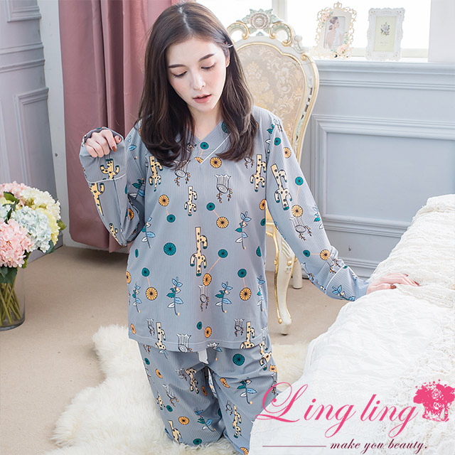 lingling A4338全尺碼-質感滿分V領坑條紋仙人掌圖案長袖睡衣+長褲(二件式睡衣組)(質感灰)