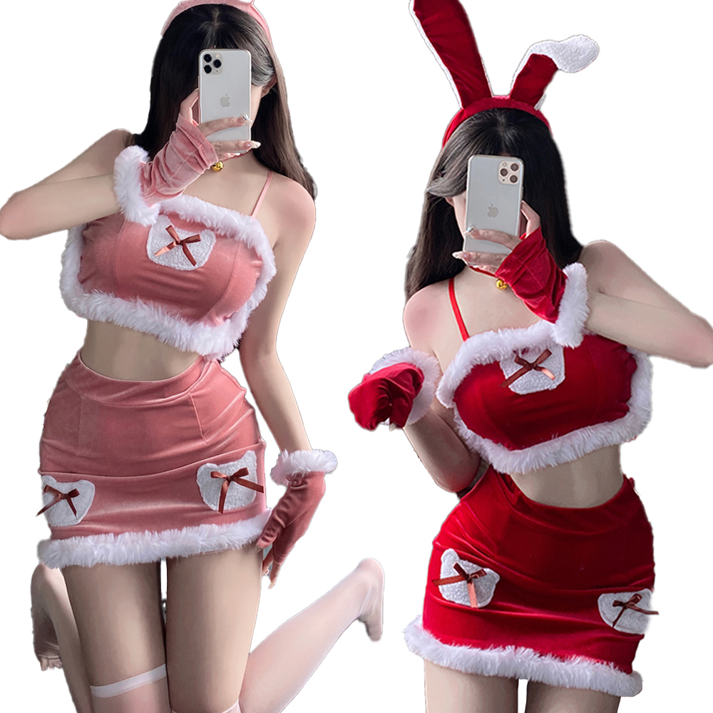 兔女郎聖誕節衣服 性感兩截式比基尼短裙聖誕服裝 女大人情趣角色扮演服聖誕裝∼流行E線F100