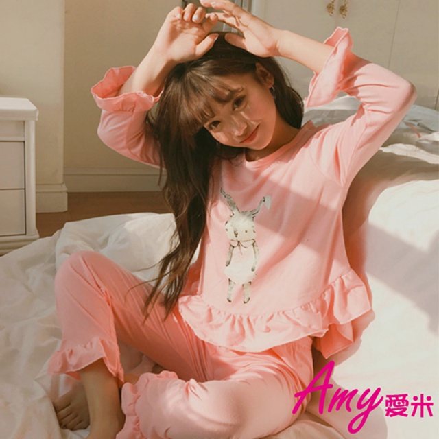 AMY愛米-日系長袖甜美粉紅兔素面睡衣(AD140)