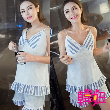 【韓妞睡衣】韓國少女性感蕾絲條紋居家服睡衣二件式套裝(KR023)
