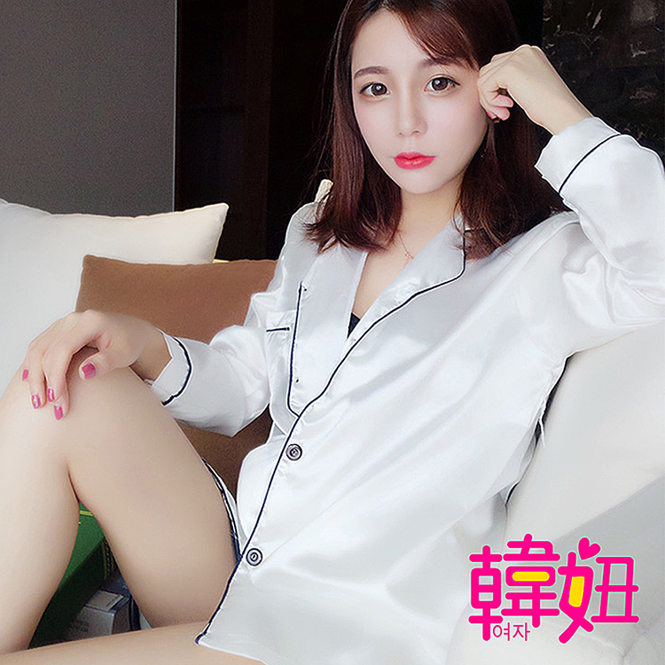 韓妞-時尚模擬絲翻領套裝居家服睡衣二件組-KR001