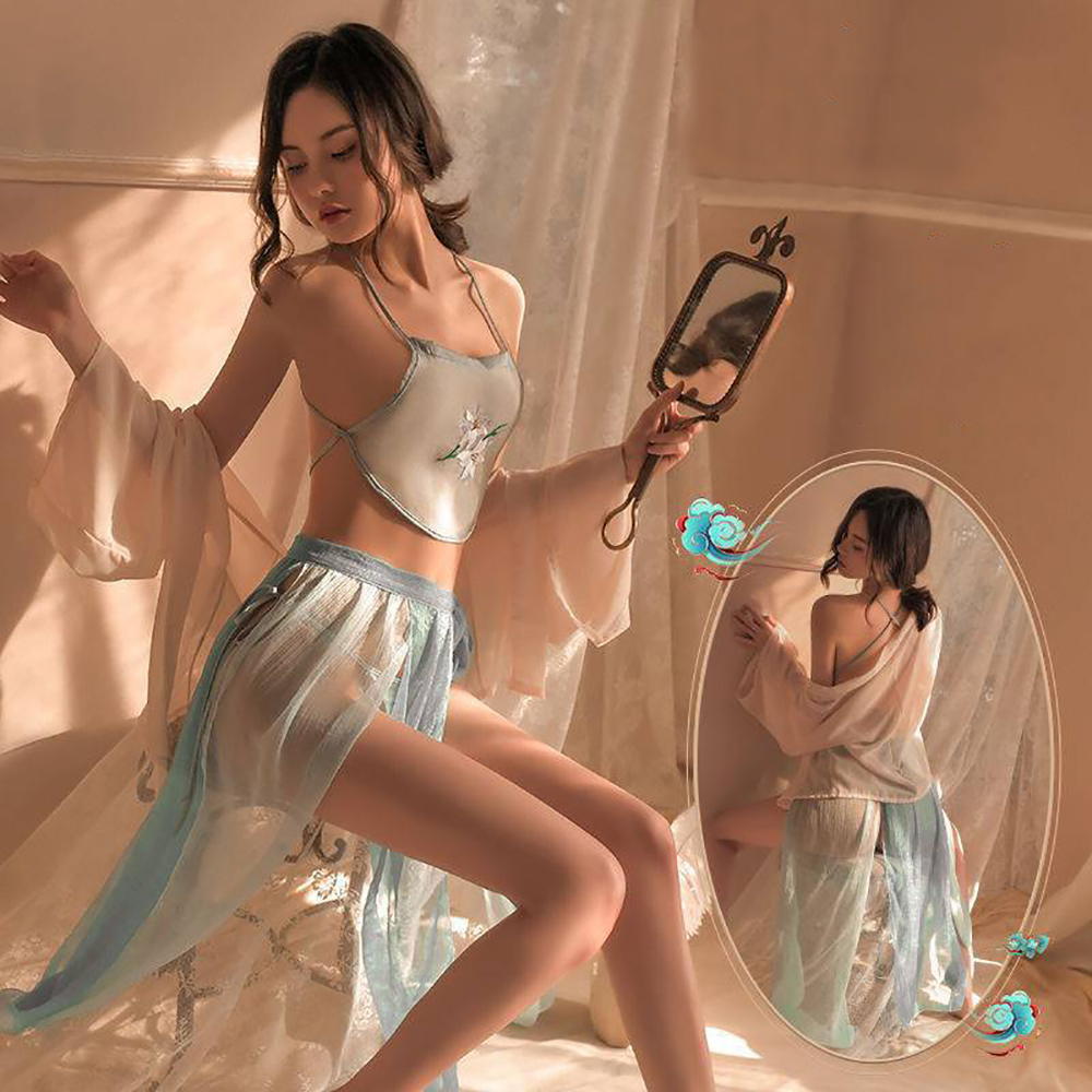 【Sexy Angel】仙女古典宮廷風雪紡紗肚兜開叉裙旗袍外衫套裝性感情趣睡衣內衣角色扮演服(藍色）
