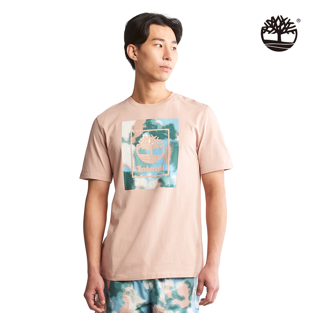Timberland 男款灰粉色有機棉胸前渲染印花LOGO短袖T恤|A29VZ662