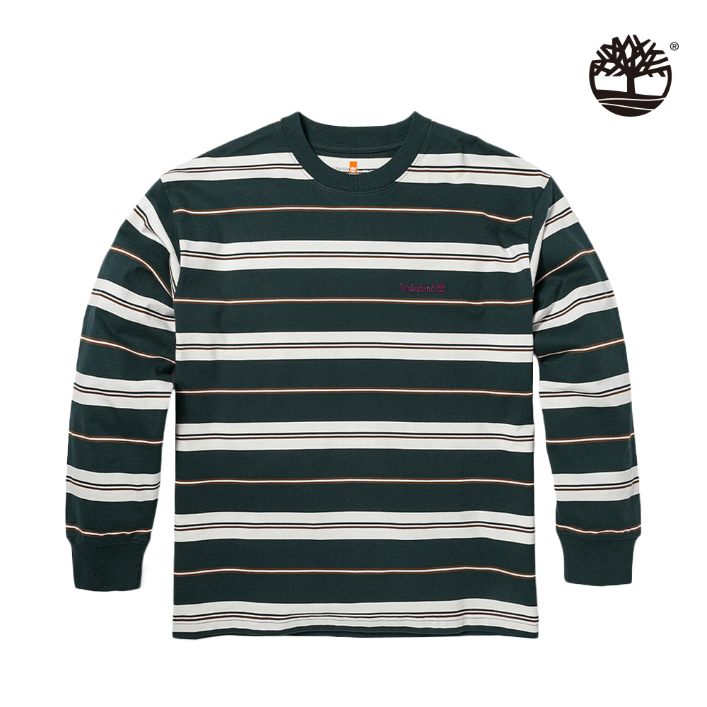 Timberland 中性款深綠色長袖條紋T恤|A5Z4K317