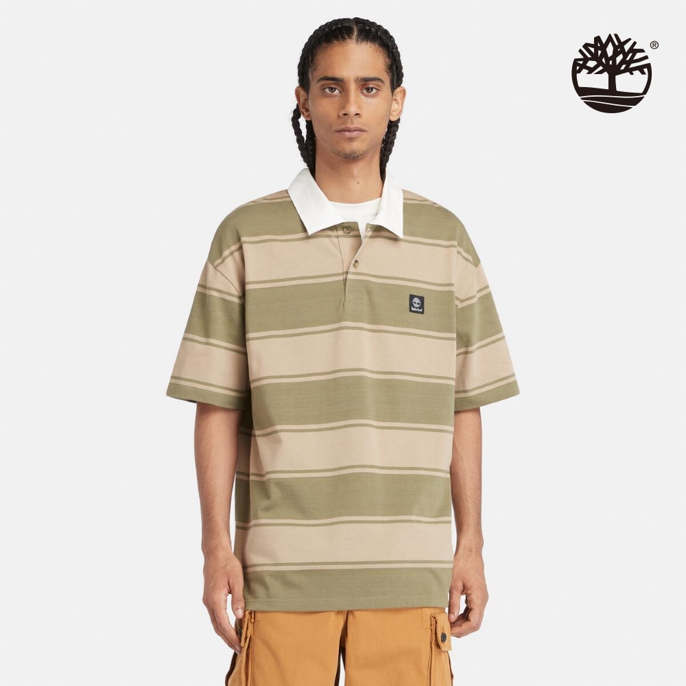Timberland 男款灰綠色條紋短袖 Polo 衫|A42E5B39