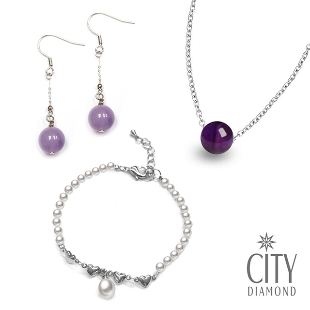 City Diamond【手作設計】紫水晶單顆項鍊 珍珠手鍊 紫水晶垂鍊耳環 魔幻紫色套組