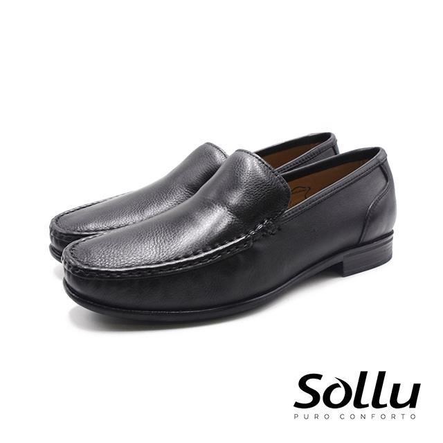 Sollu 巴西專櫃 真皮車縫軟彈力樂福低跟皮鞋-黑