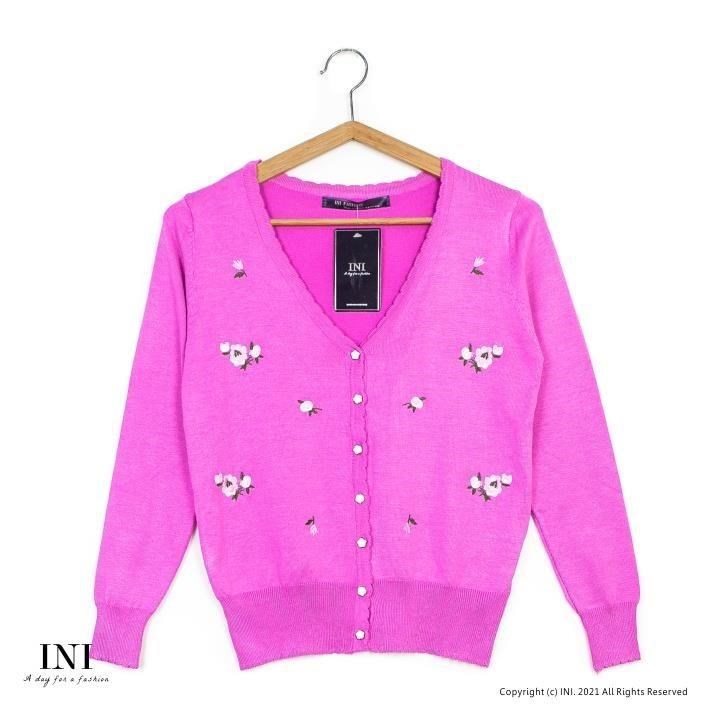 【INI】品味穿著、繡花色調百搭針織小外套．桃紅色