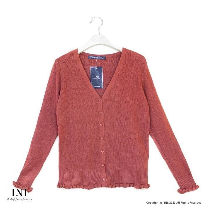 【INI】 好穿舒適、百搭四季坑條織紋針織外套．梅紅色