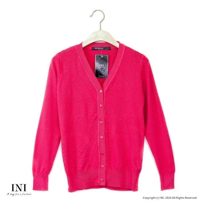 【INI】每天穿搭、長袖織紋針織外套．梅紅色