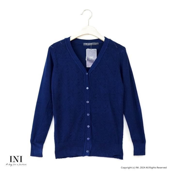 【INI】每天穿搭、長袖織紋針織外套．深藍色