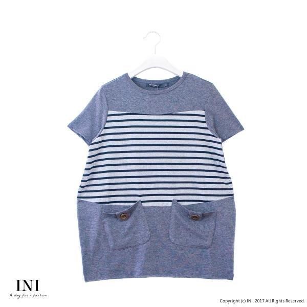 【INI】自信風采、休閒條紋拼接造型口袋上衣．灰色