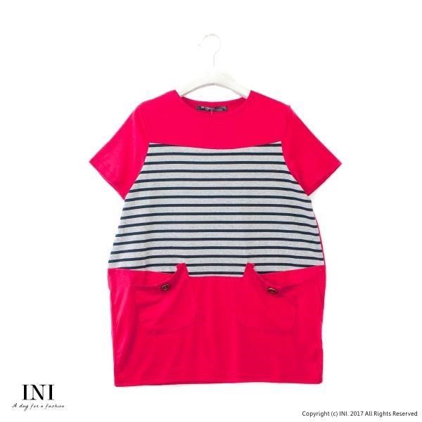【INI】自信風采、休閒條紋拼接造型口袋上衣．梅紅色