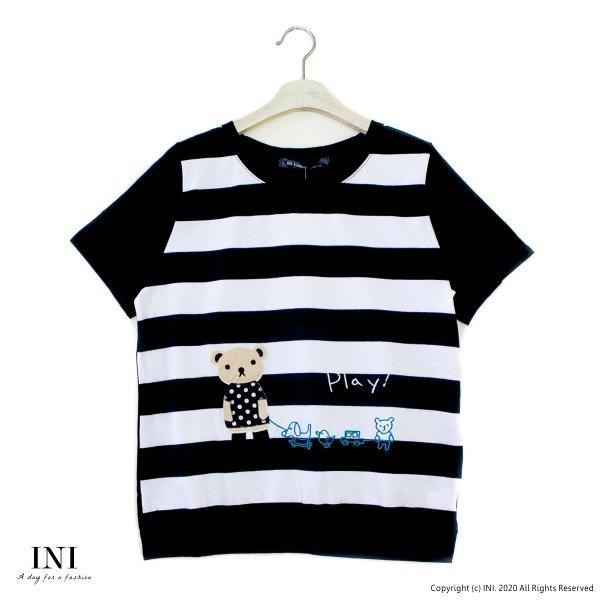 【INI】注目條紋、小熊拼布可愛好感上衣．黑色