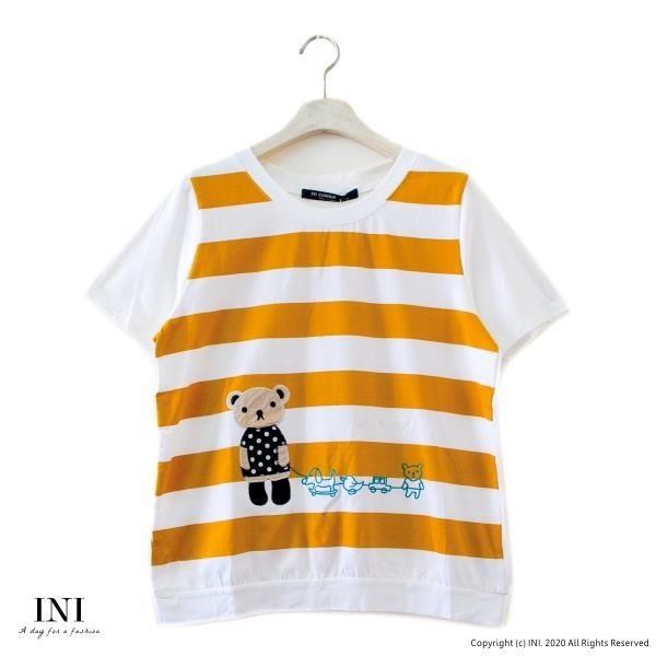【INI】注目條紋、小熊拼布可愛好感上衣．黃色