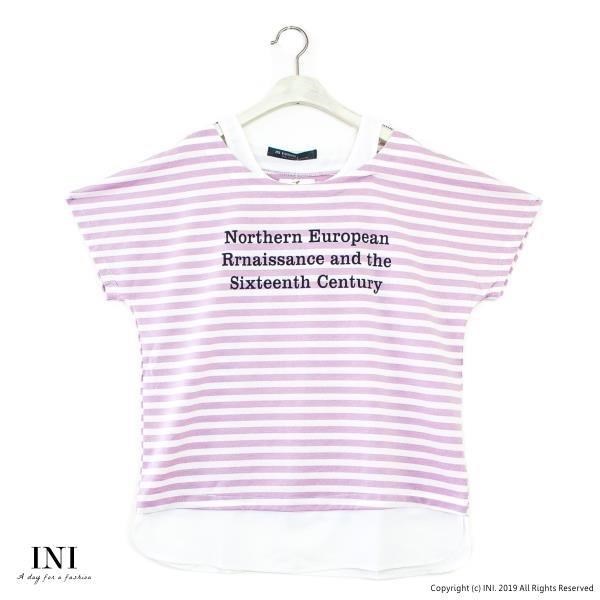 【INI】穿著設計、假兩件式好感條紋上衣．粉色