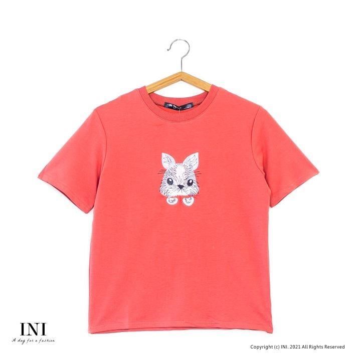 【INI】刺繡休閒、兔兔刺繡可愛氣息上衣．橙色