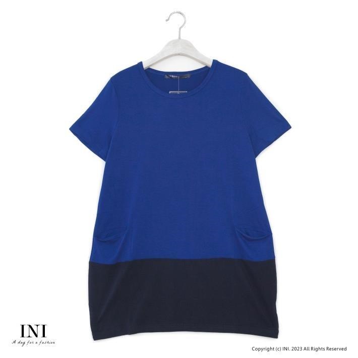 【INI】休閒穿搭、撞色長版棉質上衣．藍色
