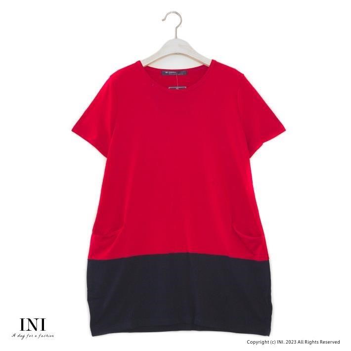 【INI】休閒穿搭、撞色長版棉質上衣．紅色