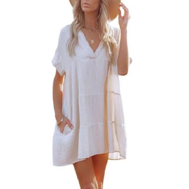 《D'Fina 時尚女裝》 休閒風 套頭白色寬鬆V領洋裝